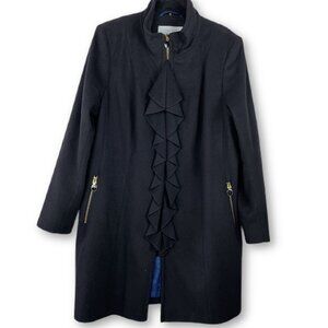 T Tahari Black Ruffle Wool Overcoat